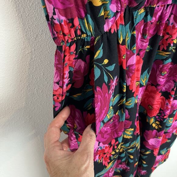 Vintage Floral Romper 80s Black V-Neck Short Sleeve Boho Festival Garden Party M - Picture 5 of 11